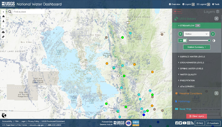 Screenshot: USGS National Water Dashboard Mapping tool zoomed in on Great Salt Lake.