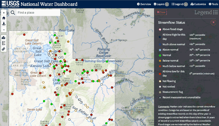 Screenshot of the USGS Steamflow Application zoomed in on Utah